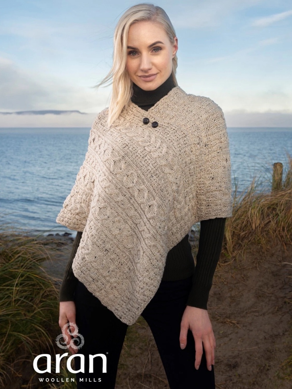 Aran Crafts Cable Knit Merino Wool Poncho Sweater Button A Symmetrical Shawl